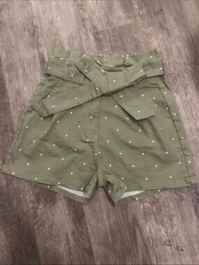 MINE Olive Green Polka Dot High-Waist Paperbag Shorts.  Size Small